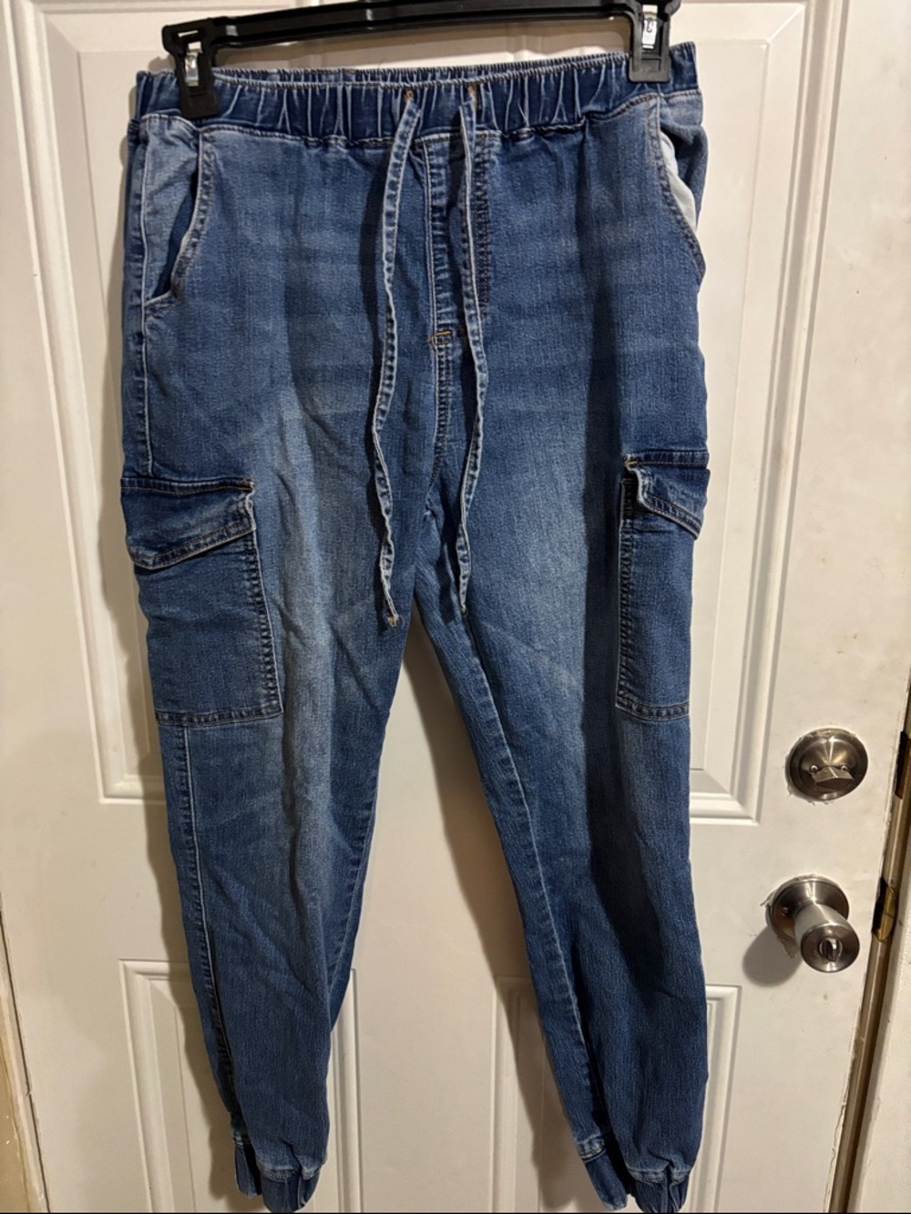 Woman Blue Denim Cargo Jogger Jeans - Elastic Waist